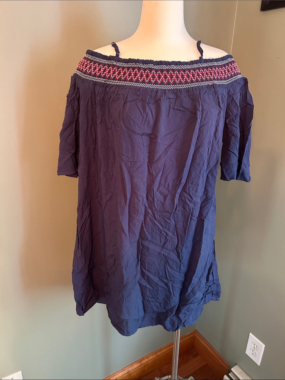Cupshe Navy Off-Shoulder Dress with Embroidered Yoke
